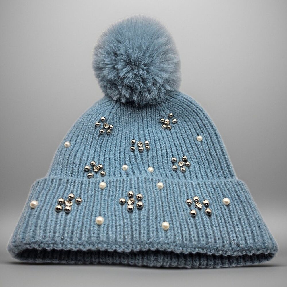 Tahari Beaded Poof Hat So soft polyester hat Soft Teal Blue Crystals and Pearls